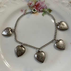 Vintage Sterling 5 Puffy Hearts Bracelet